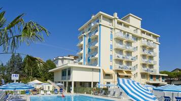 Outdoor pool, pool umbrellas, pool loungers