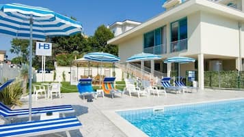 Outdoor pool, pool umbrellas, pool loungers