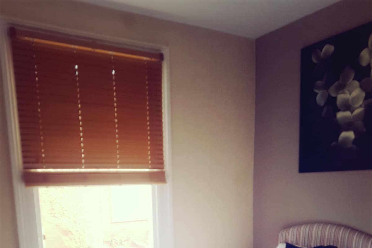 A bedroom with a bed, a window with blinds, a radiator, and a painting on the wall.