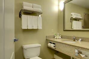 A bathroom with a toilet, sink, and towel rack. - Holiday Inn Express Hotel & Stes Kansas City Sports Complex by IHG (Kansas City)