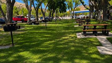 A park with picnic tables and a barbecue area.