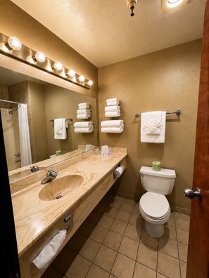 Une salle de bain avec un lavabo en marbre, des toilettes et un miroir avec éclairage intégré.