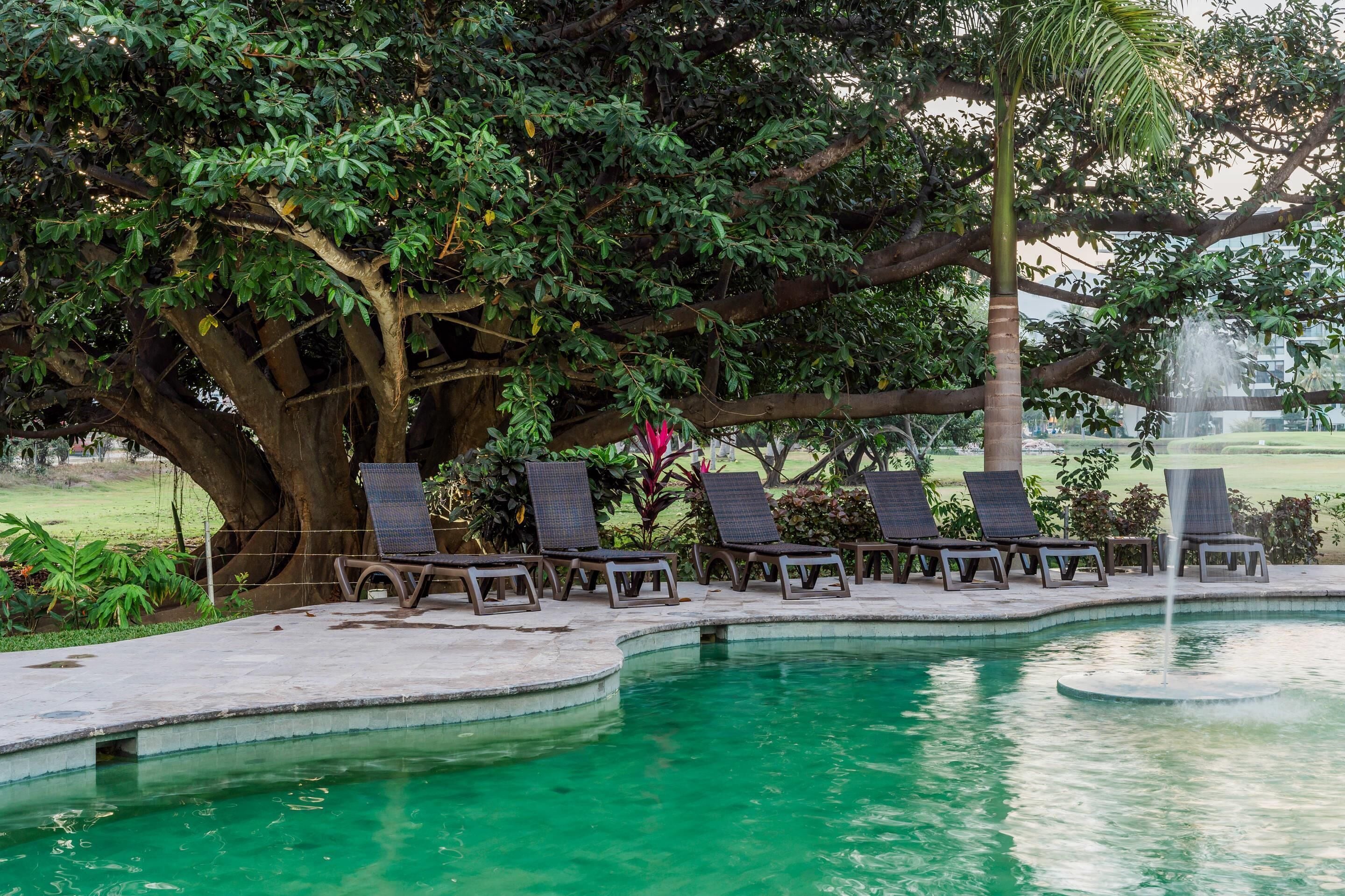 Área de piscina com espreguiçadeiras e uma fonte.