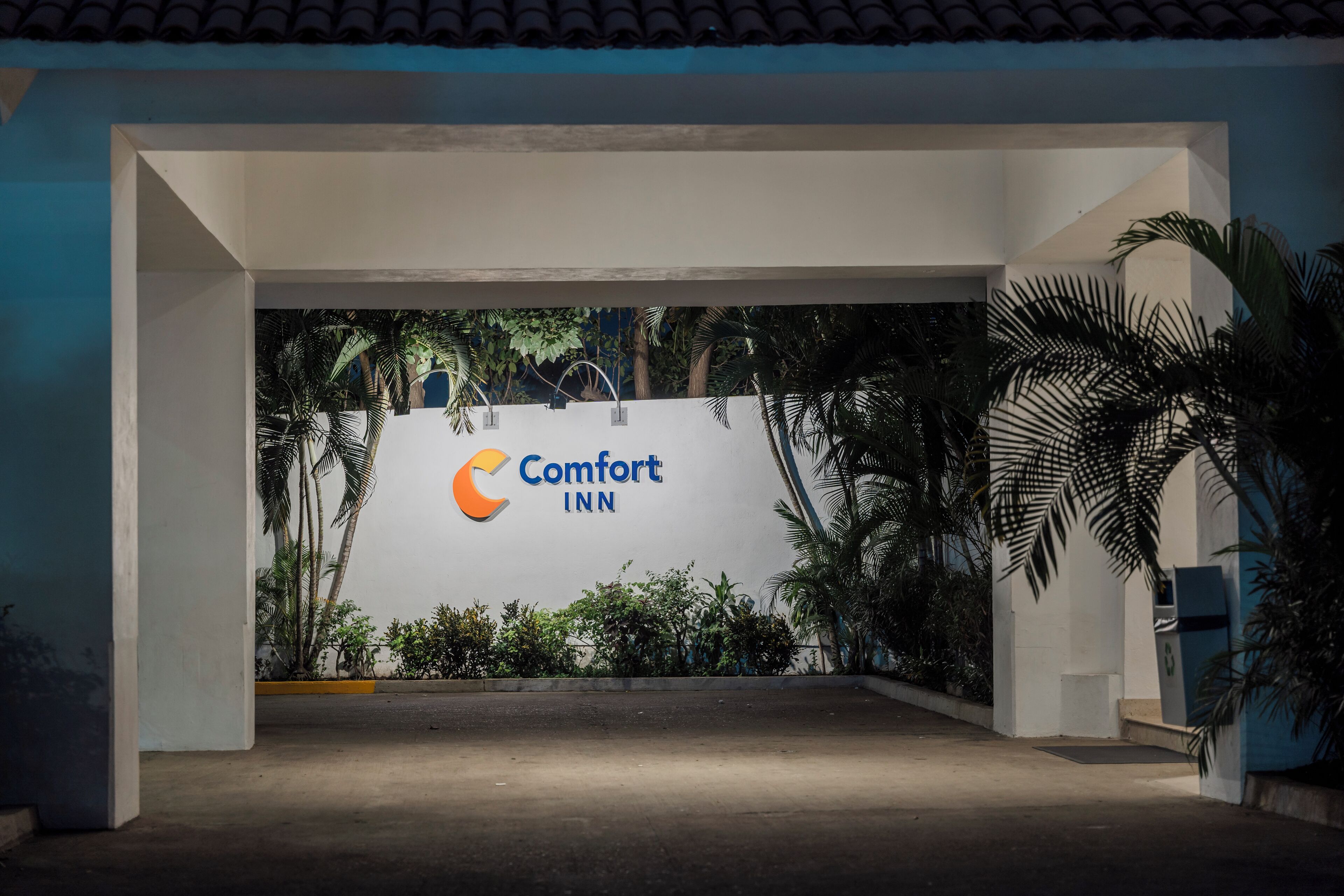 The entrance to a Comfort Inn with a sign, surrounded by palm trees and plants.