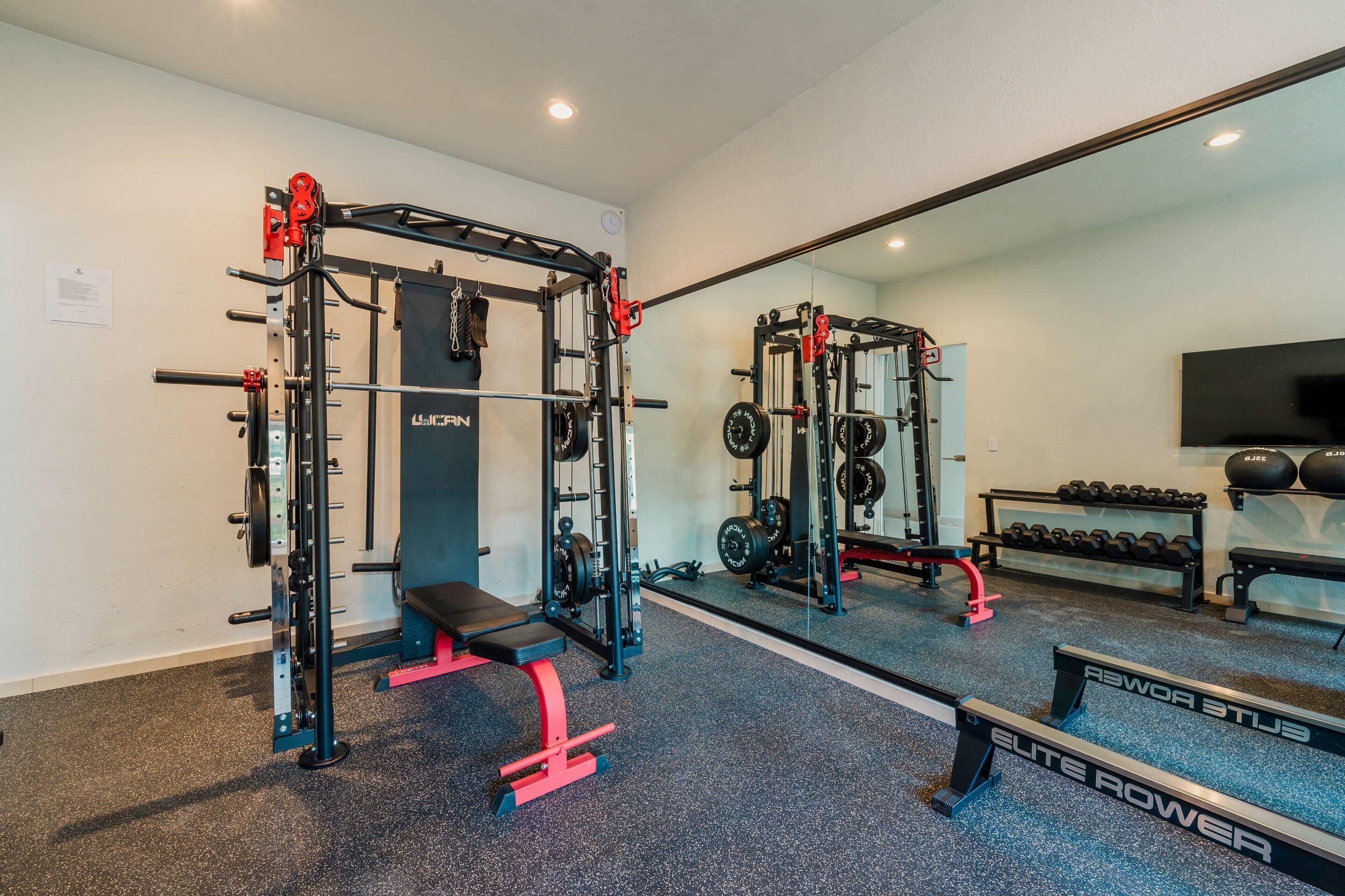 A gym with weightlifting equipment, a bench, and a mirrored wall.