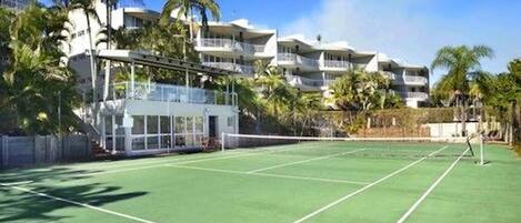 A tennis court with a net, surrounded by palm trees and a building with balconies.