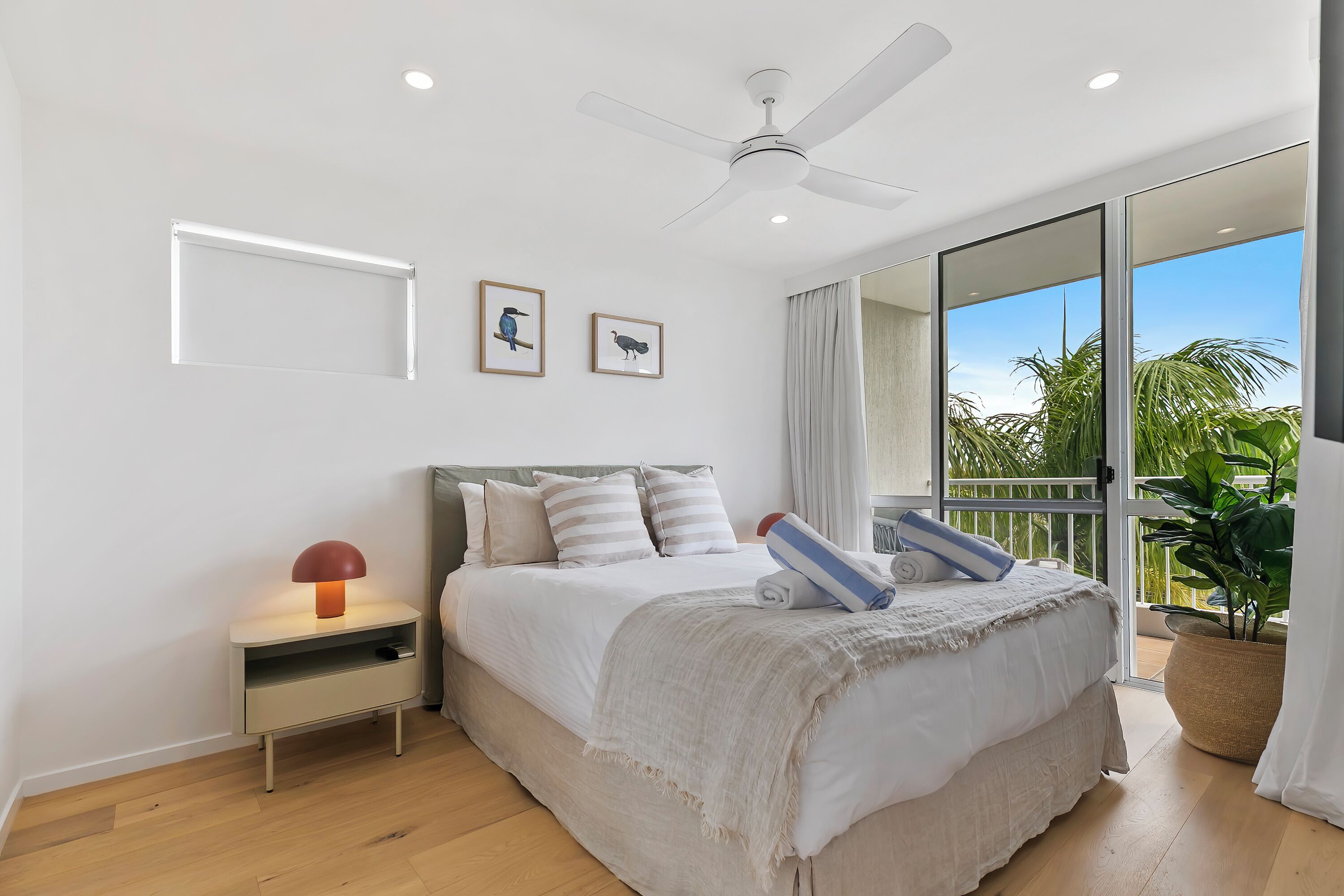 A modern bedroom with a bed, bedside table, and a ceiling fan.
