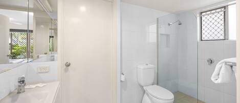 A modern bathroom with a glass shower enclosure, a white toilet, and a bathtub.