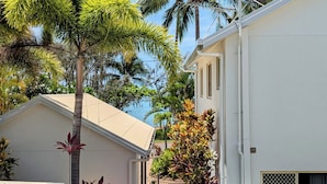 A modern building with a flat roof, a small garden area with various plants, and a clear blue sky in the background. - Sails On Horseshoe (Horseshoe Bay)