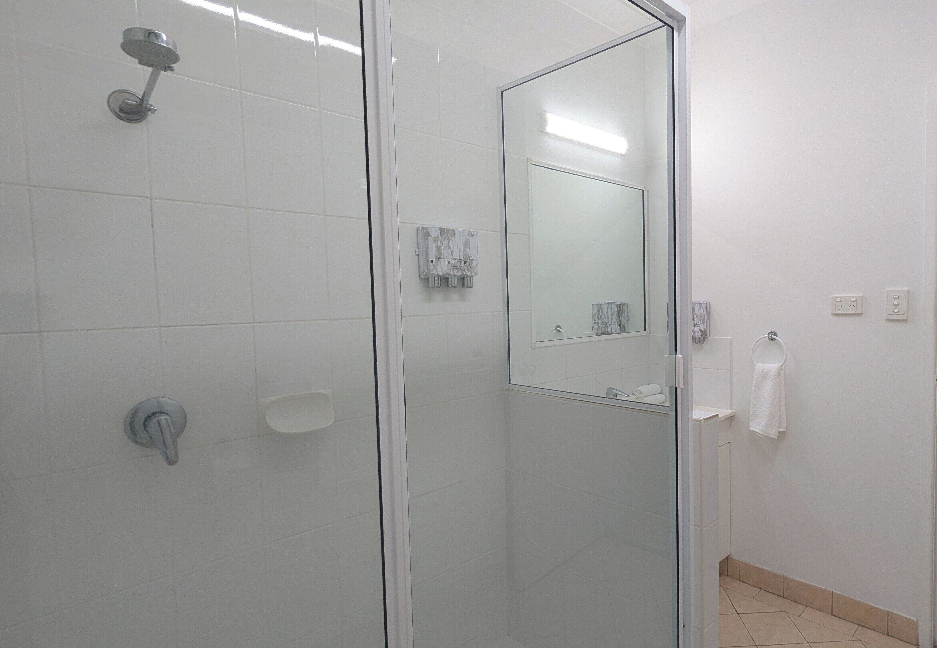 A modern bathroom with a glass shower enclosure, a white sink, and a mirror.