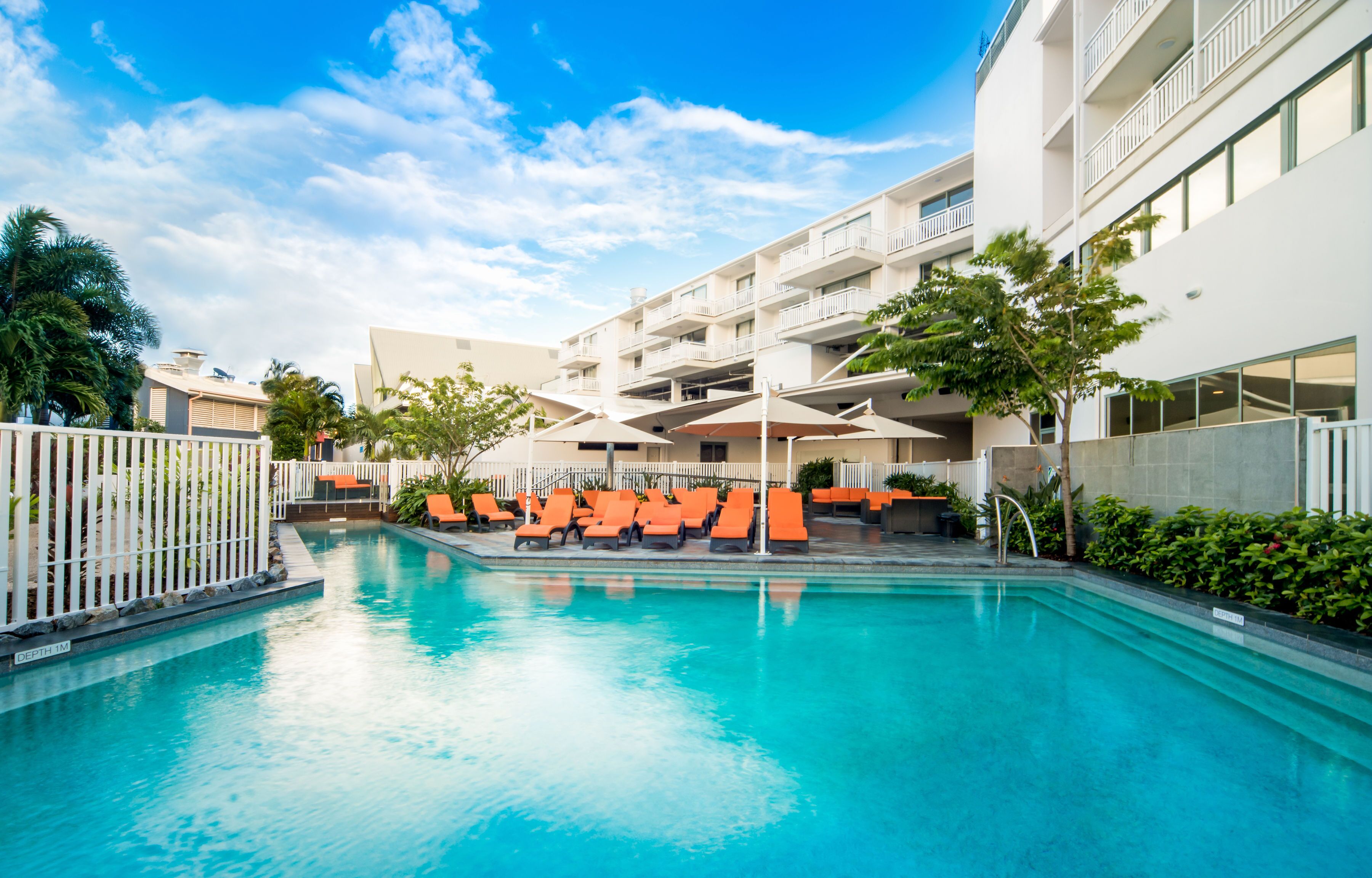 Outdoor pool, pool umbrellas, sun loungers