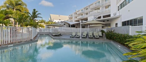 Outdoor pool, pool umbrellas, pool loungers