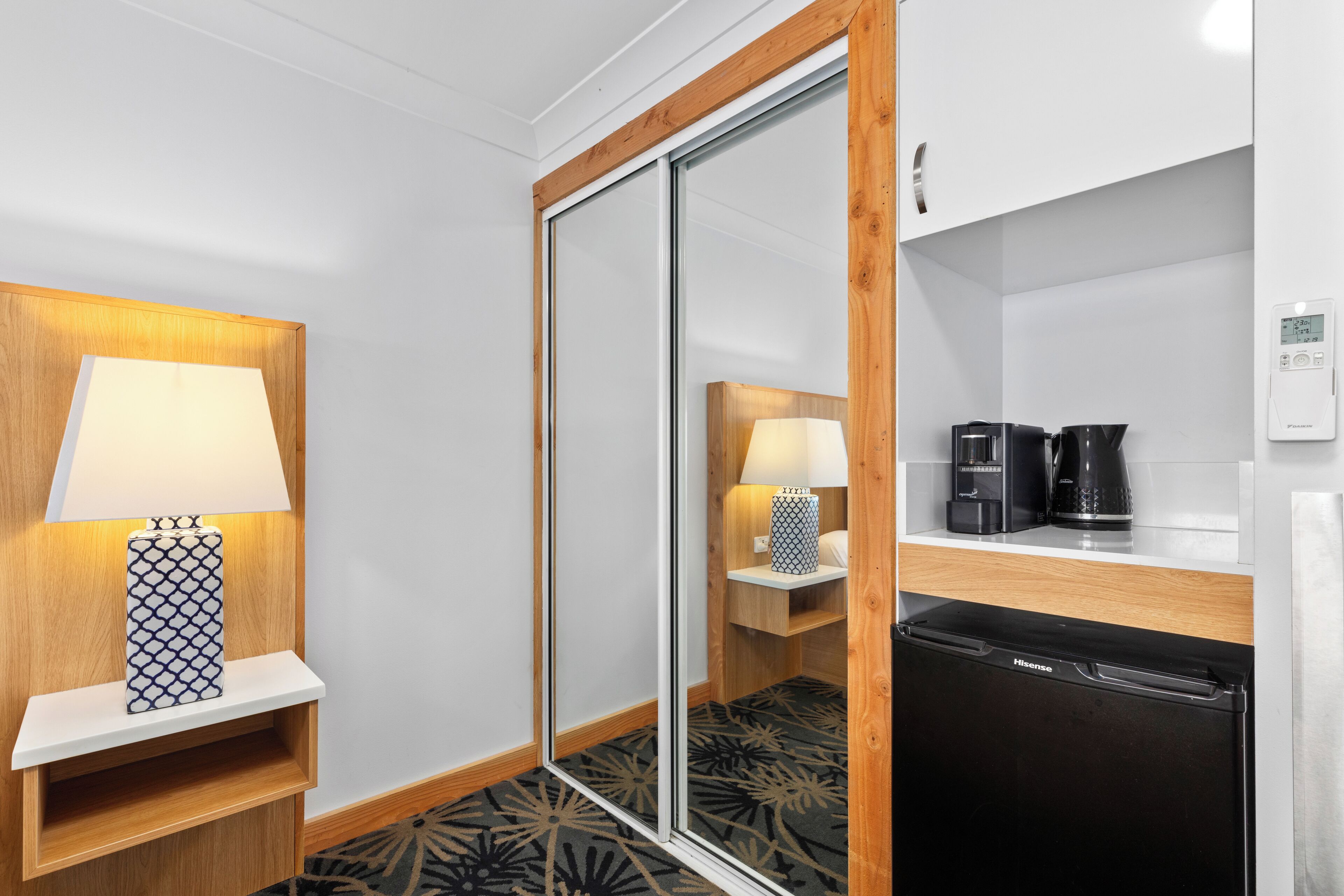 1 bedroom, desk, blackout curtains, iron/ironing board