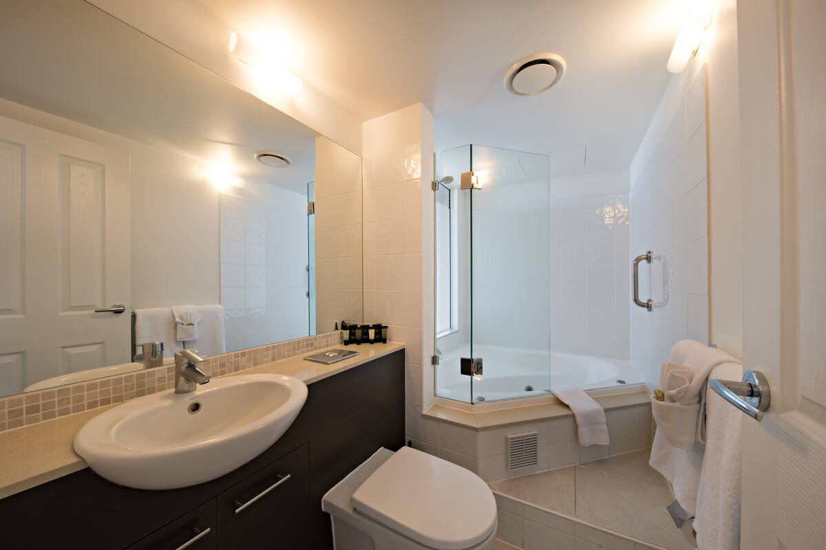 designer toiletries, hair dryer, towels, soap