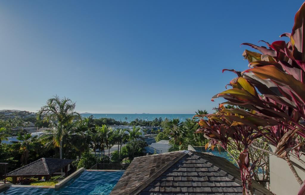 A resort with a swimming pool, palm trees, and a view of the ocean.
