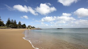 Una playa con un muelle de madera que se adentra en aguas tranquilas, rodeada de árboles y un cielo despejado.