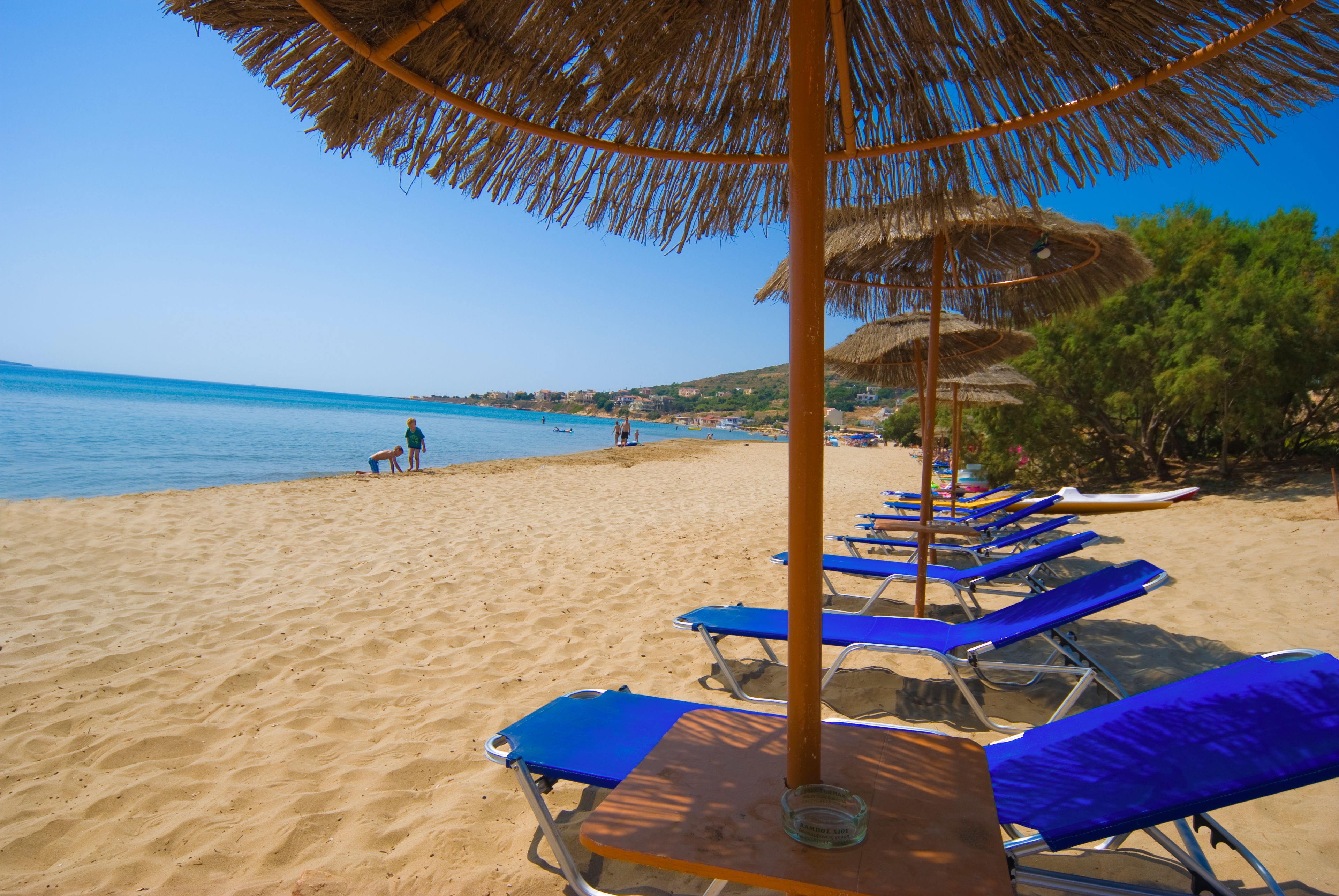 A beach with blue lounge chairs and thatched umbrellas.