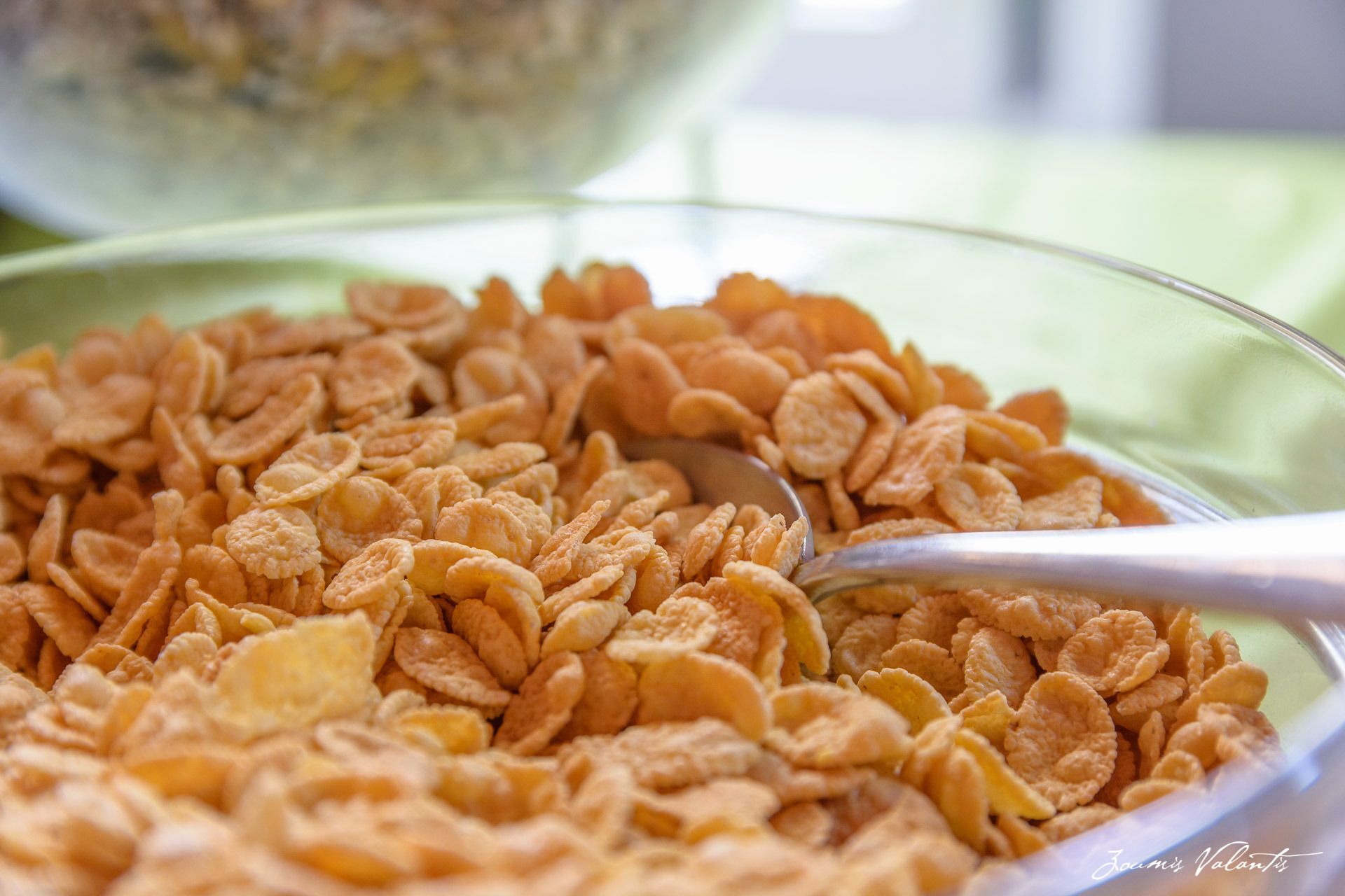 A bowl of cereal with a spoon.