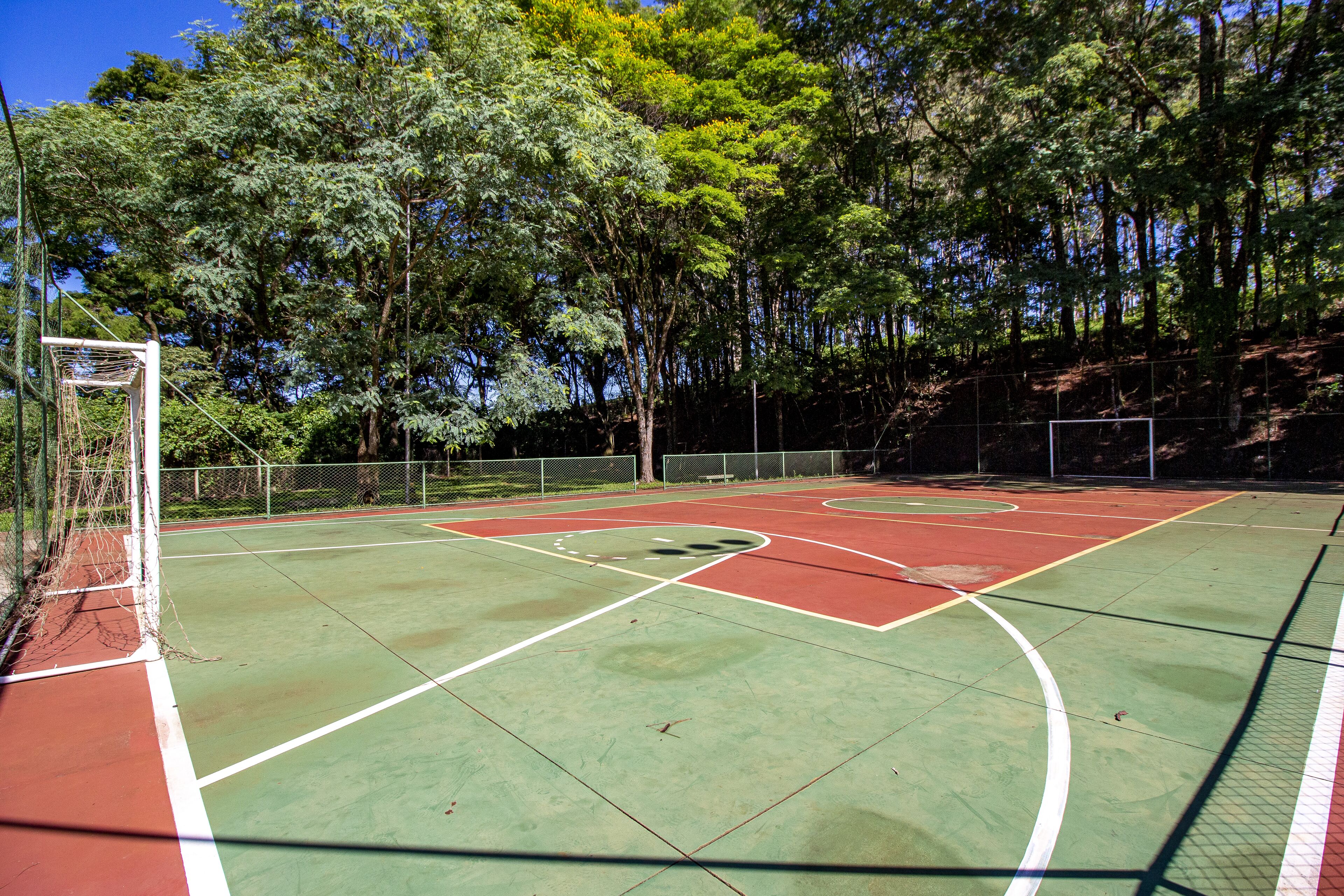 An outdoor basketball court with a net, surrounded by trees.
