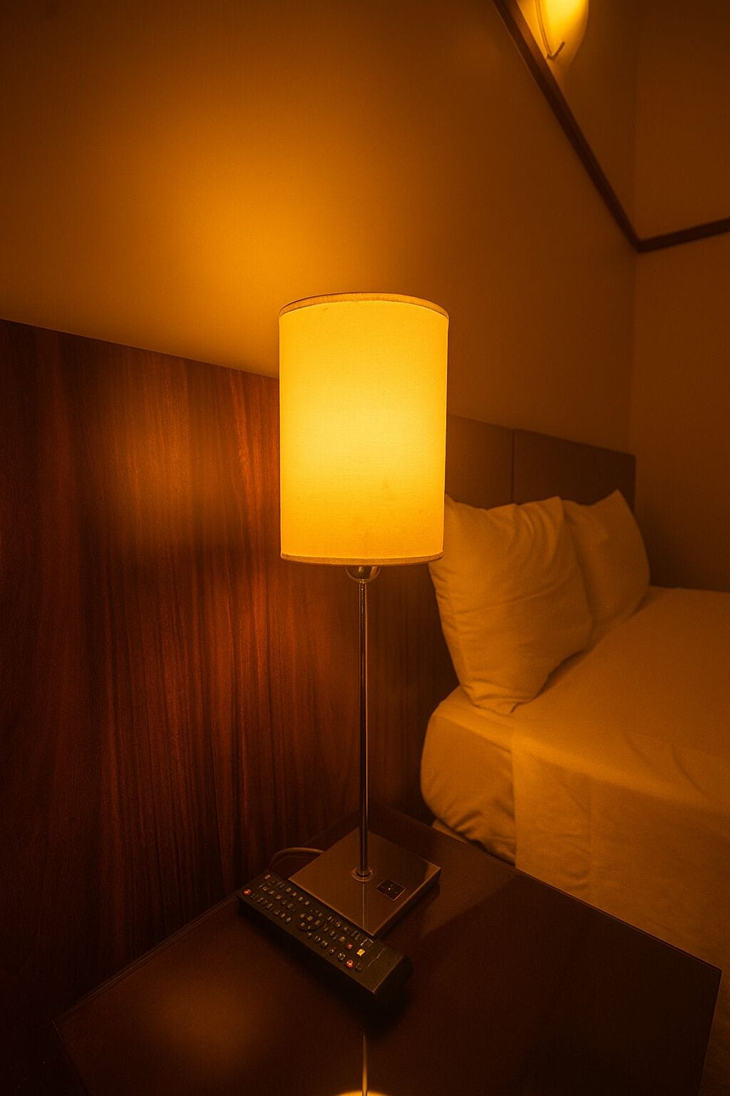 Ein Hotelzimmer mit Holz-Kopfteil, einer Nachttischlampe, einer Fernbedienung und einem Bett mit weißer Bettwäsche.