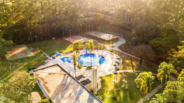 Indoor pool, outdoor pool, pool loungers