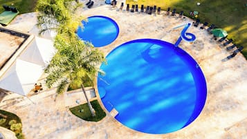 Indoor pool, outdoor pool, sun loungers