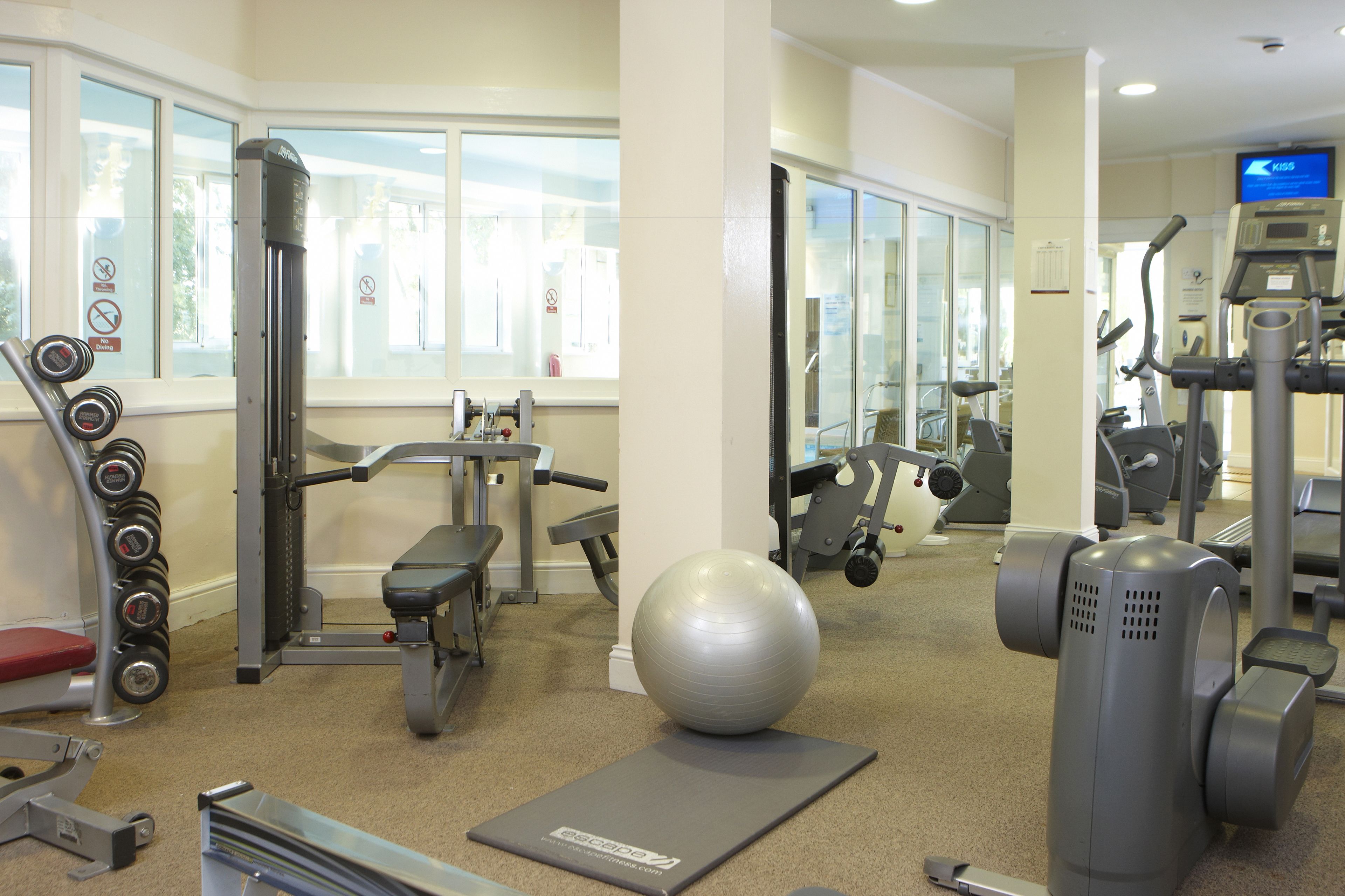 Een sportschool met trainingsapparatuur, een grote fitnessbal en een loopband.