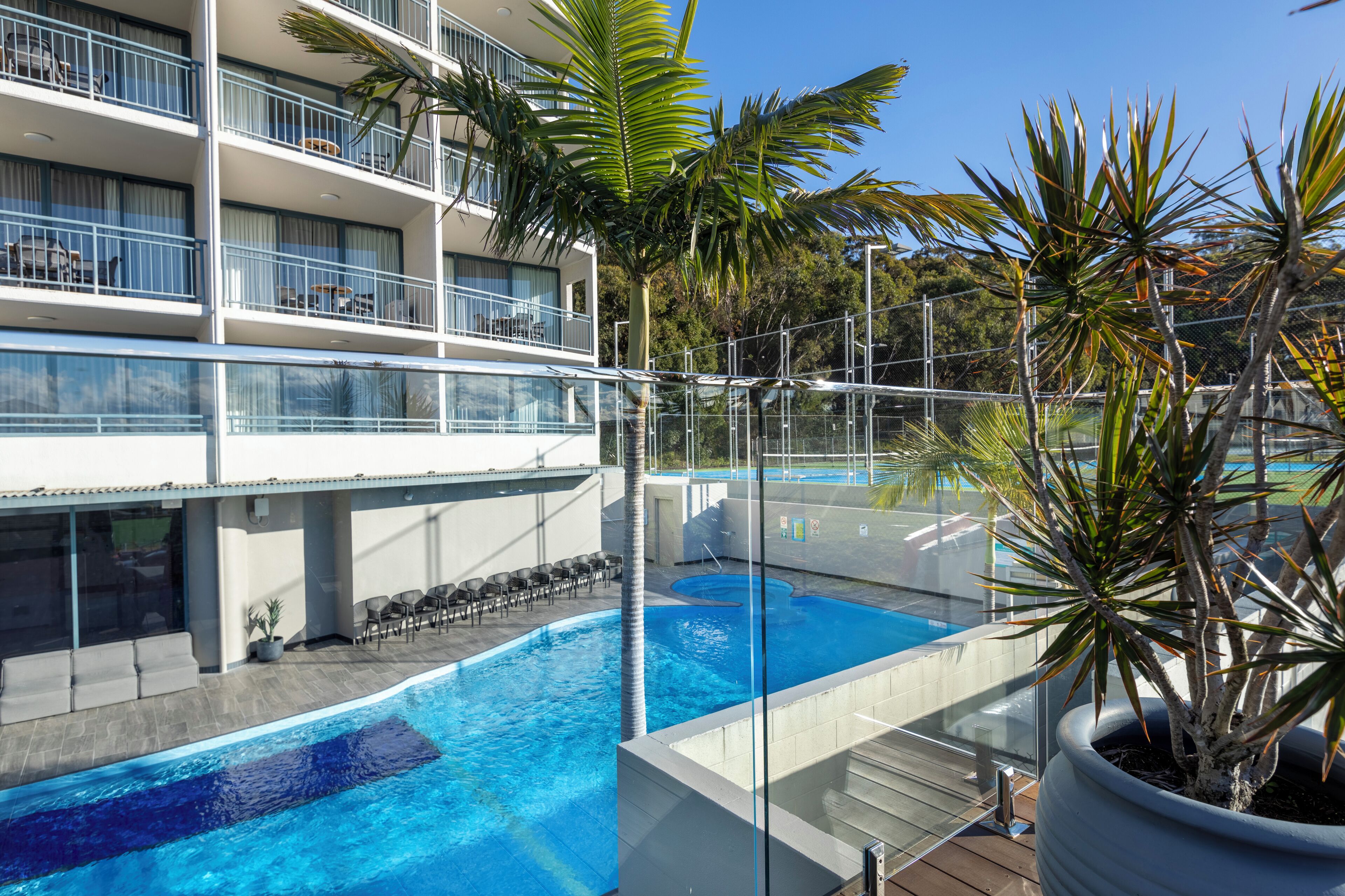 outdoor pool, pool loungers