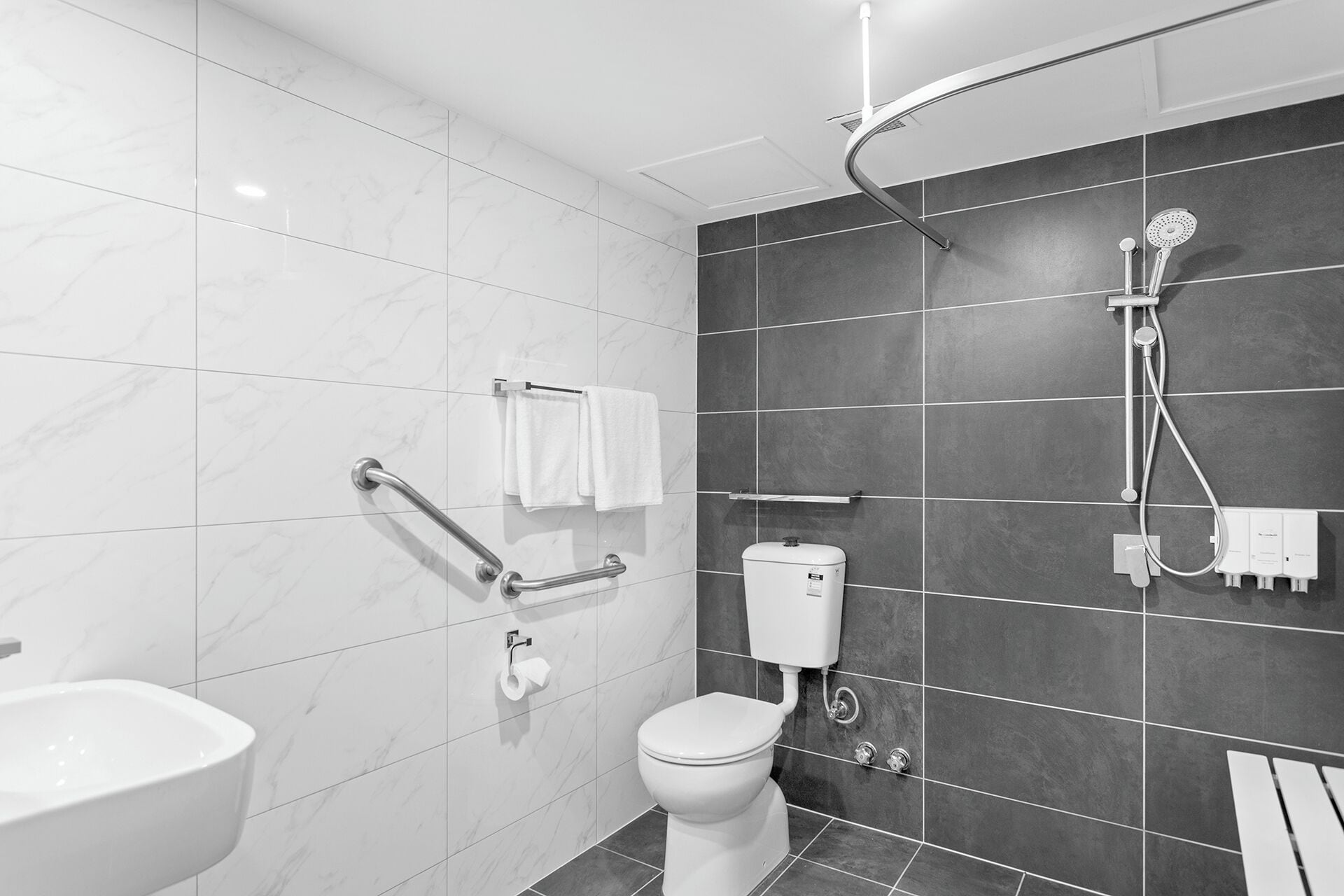 Een moderne badkamer met toilet, handgrepen, douche en wastafel.
