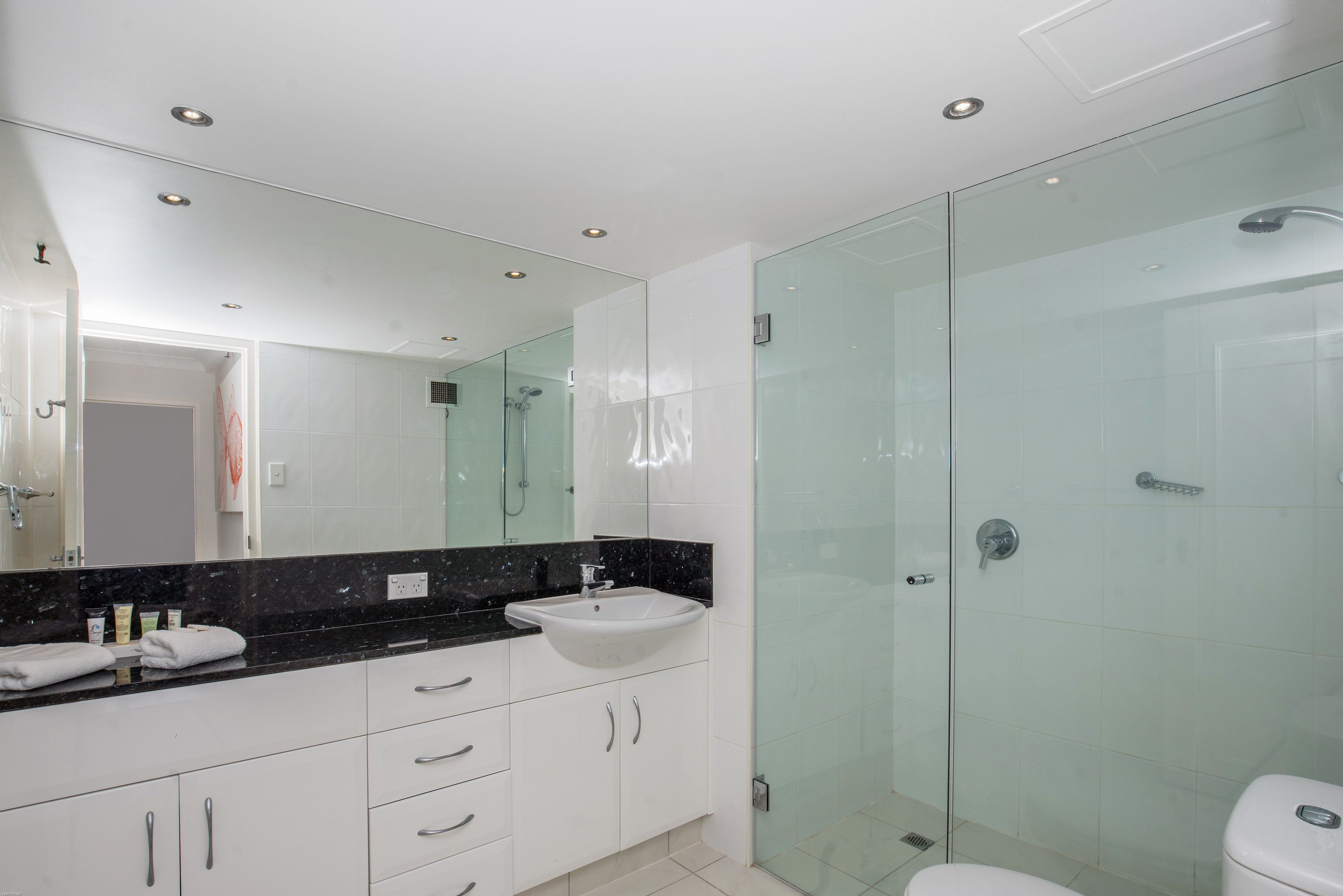 Une salle de bain moderne avec une douche à l’italienne en verre, un lavabo blanc et un grand miroir.