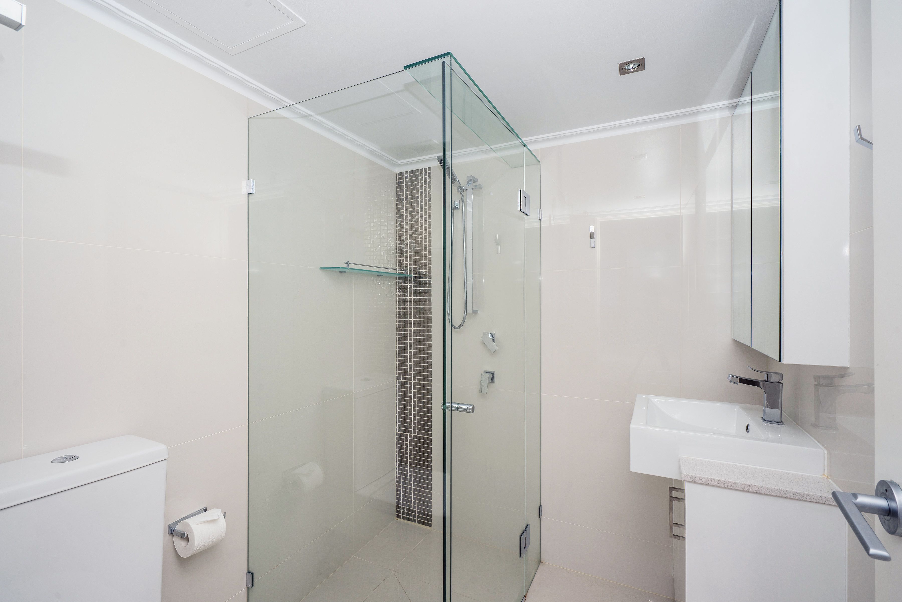 Un baño moderno con ducha de vidrio, un lavabo blanco y un inodoro.