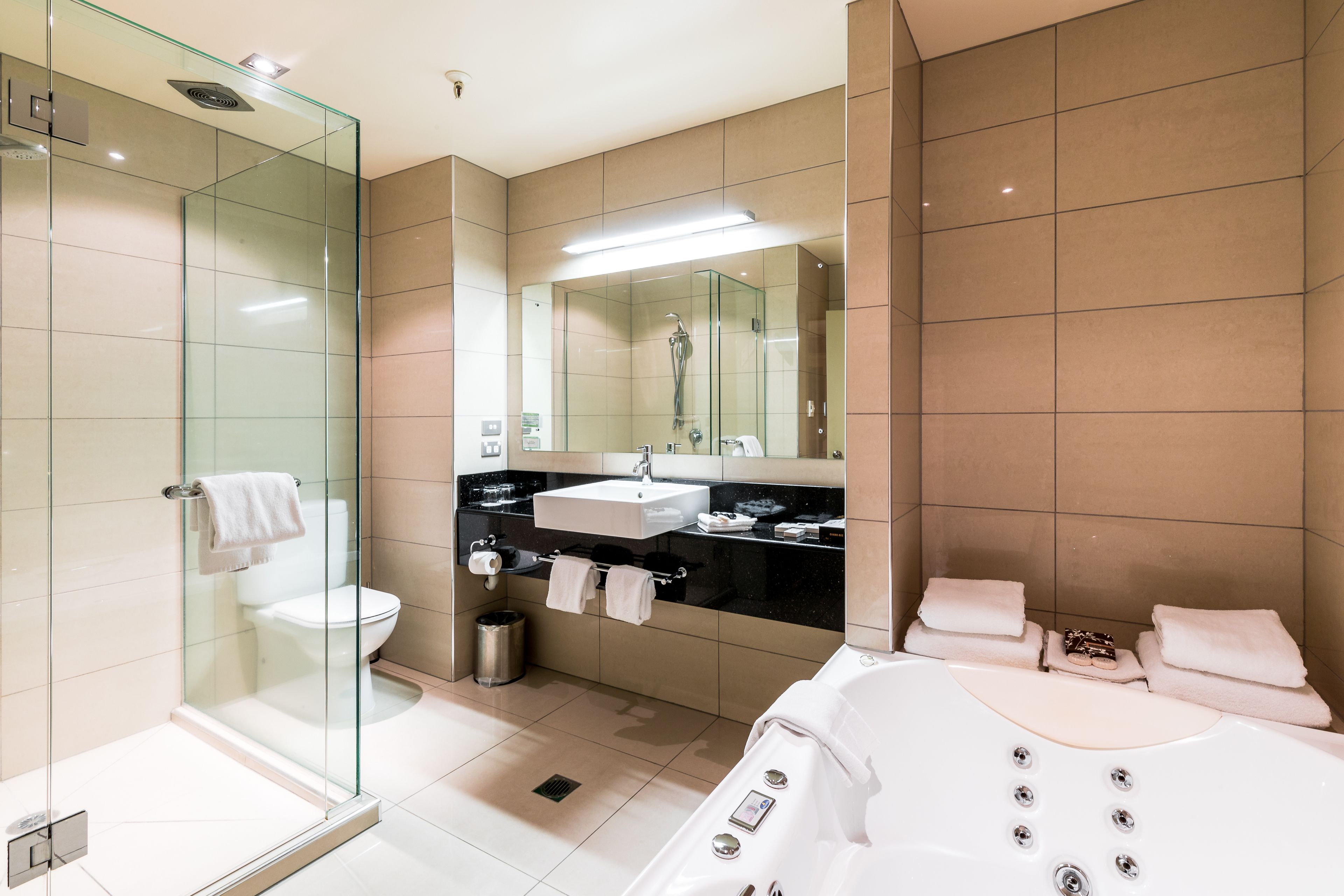 deluxe lakeview suite | bathroom | free toiletries, hair dryer, towels, soap