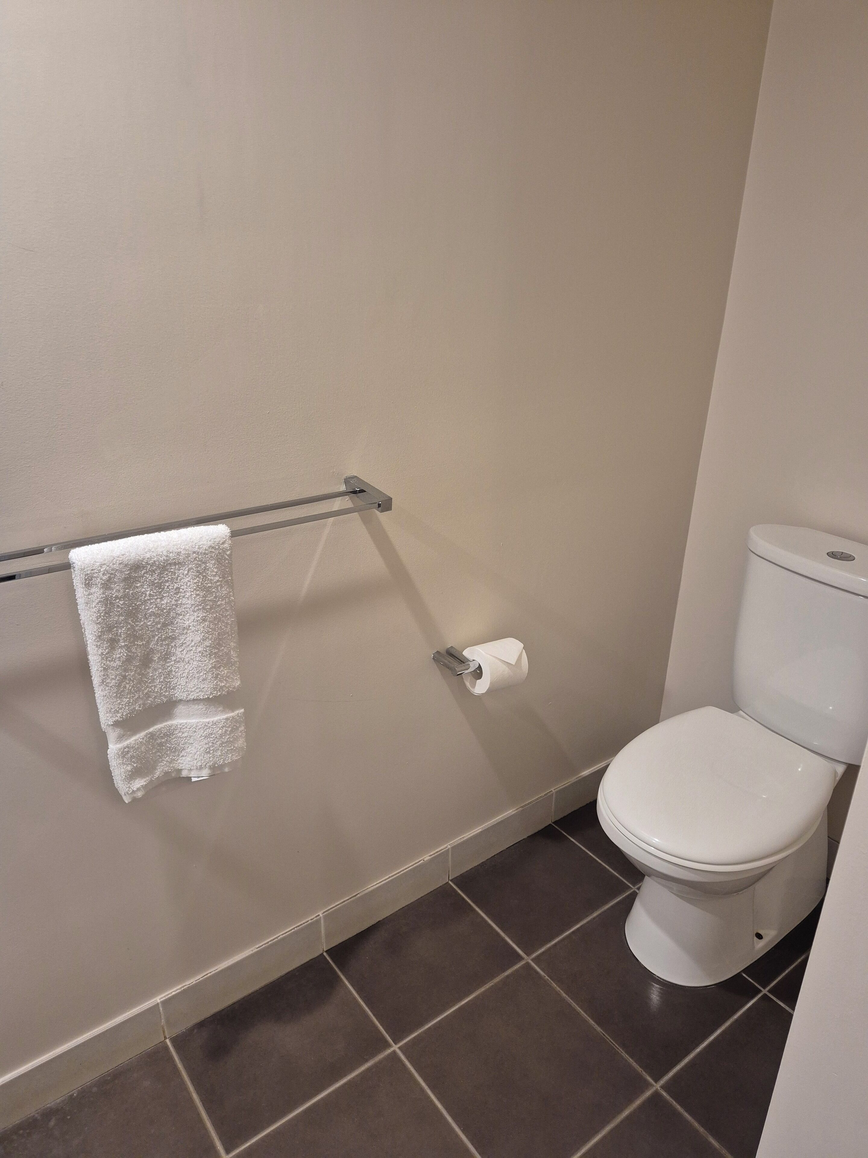 A bathroom with a toilet, a towel rack with a towel, and a toilet paper holder.