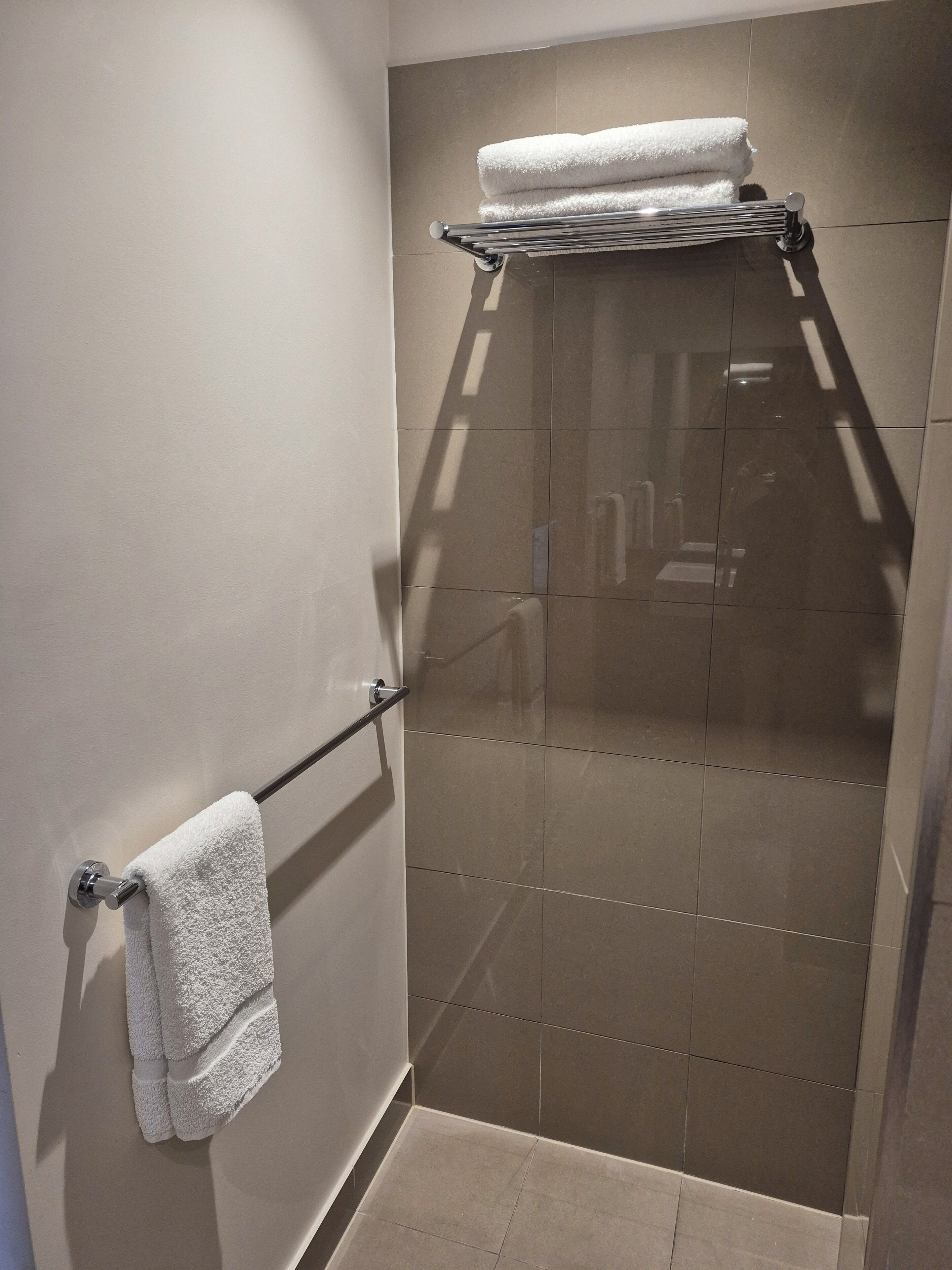 A modern bathroom with a glass shower enclosure, a towel rack, and a towel on the wall.