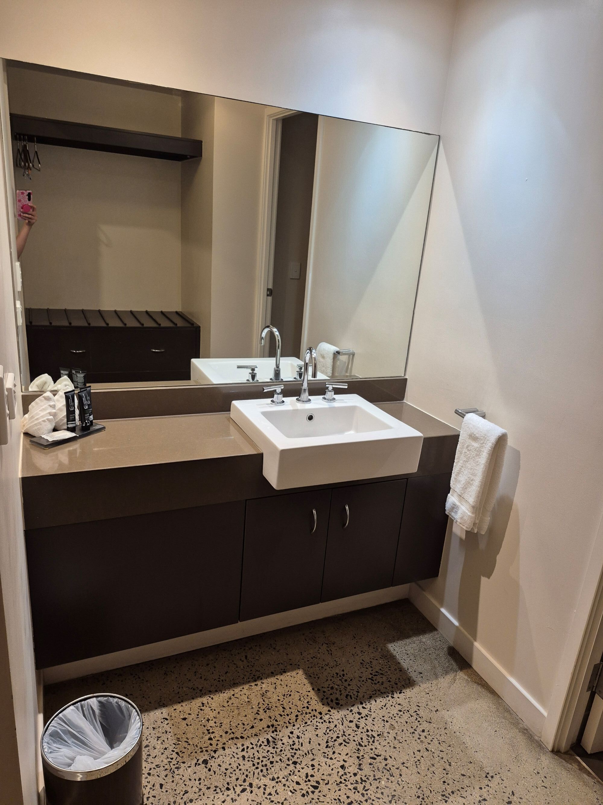 Une salle de bain moderne avec un grand miroir, un lavabo blanc, des meubles sombres et une petite poubelle.