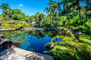 A tropical pool surrounded by lush greenery and palm trees.