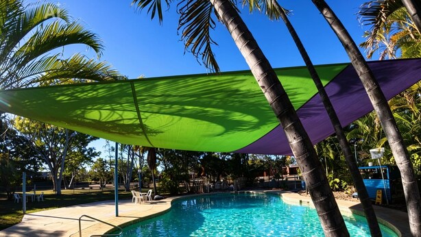 A swimming pool with a curved edge, surrounded by palm trees and shaded by a green and purple canopy. - Territory Manor Motel & Caravan Park (Mataranka)