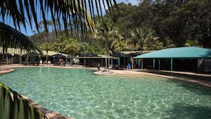 Une piscine aux eaux cristallines, bordée de carreaux, entourée d’espaces de repos abrités et de palmiers.