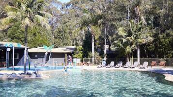 Outdoor pool, pool umbrellas, pool loungers