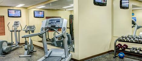 A gym with treadmills, elliptical machines, and a weight rack.