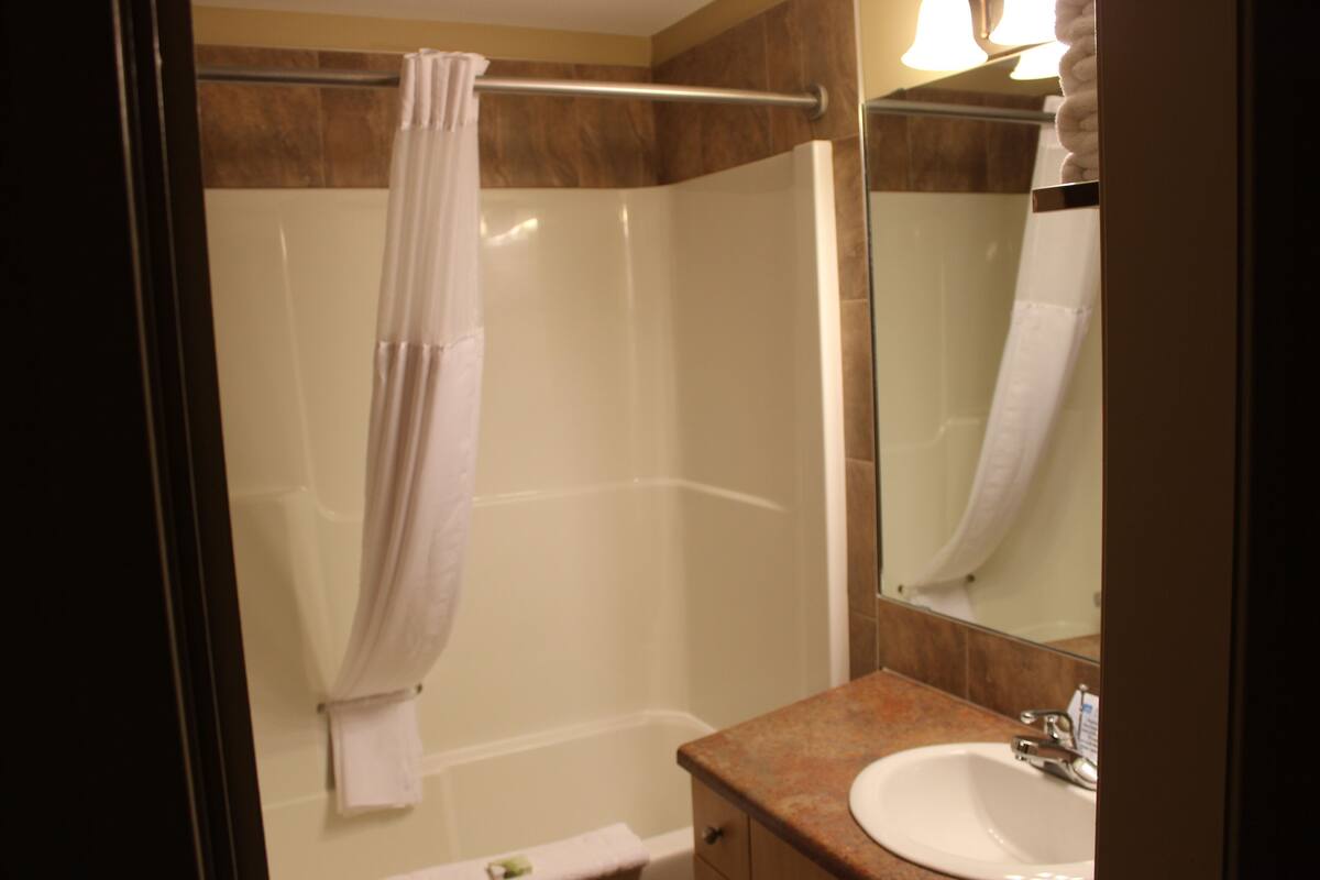 A bathroom with a shower, a sink, and a mirror.