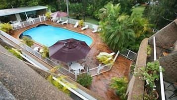 Outdoor pool, pool umbrellas, pool loungers