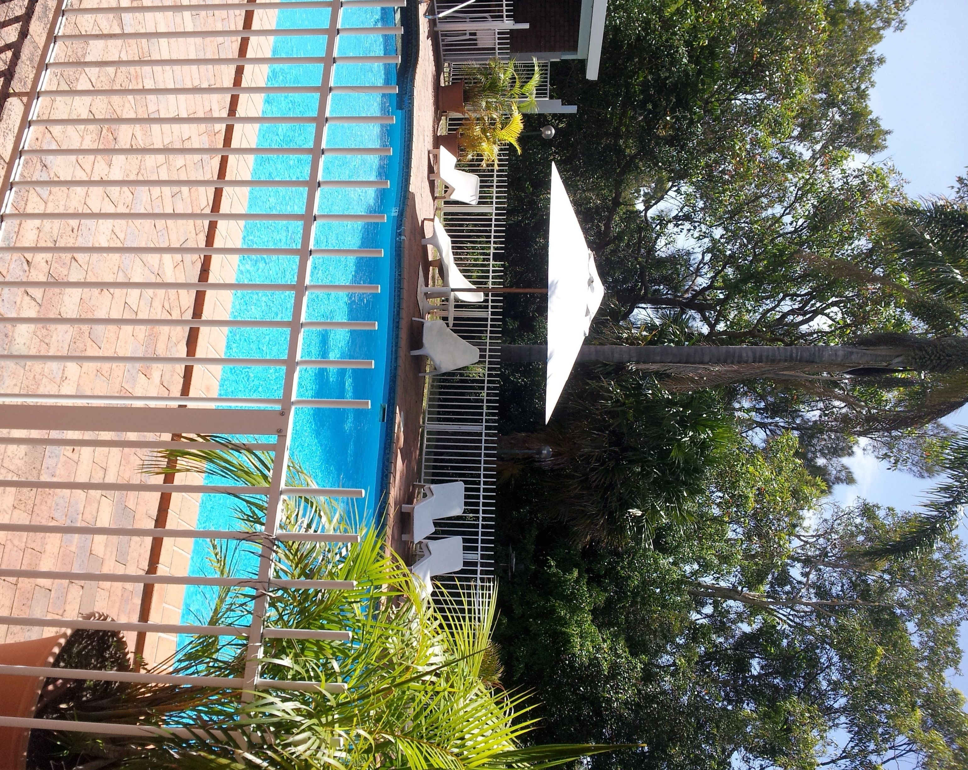 A pool area with clear blue water, surrounded by palm trees and a pergola structure.