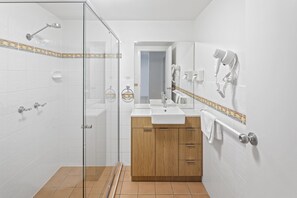 Hair dryer, towels, shampoo