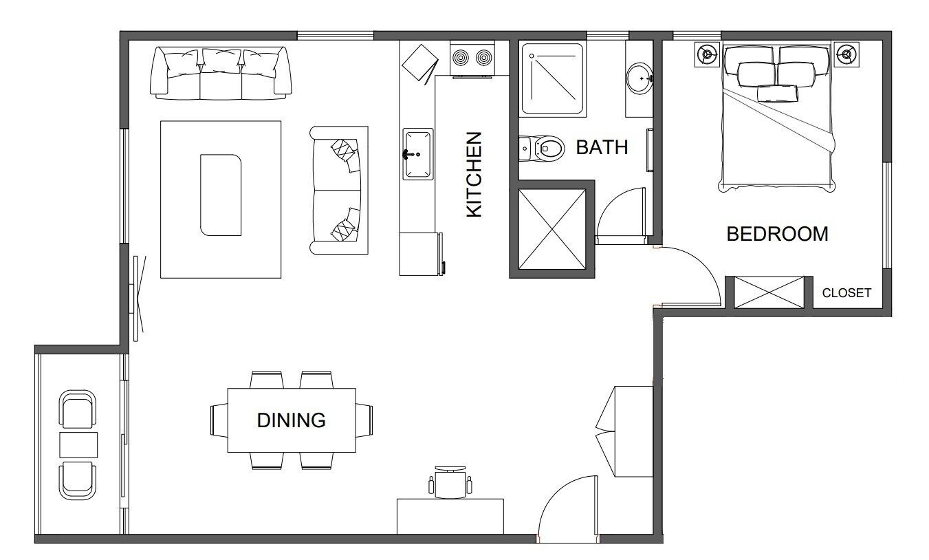 A floor plan of a hotel room with a kitchenette, dining area, bedroom, and bathroom.