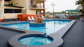 Outdoor pool, open 8:00 AM to 9:00 PM, sun loungers