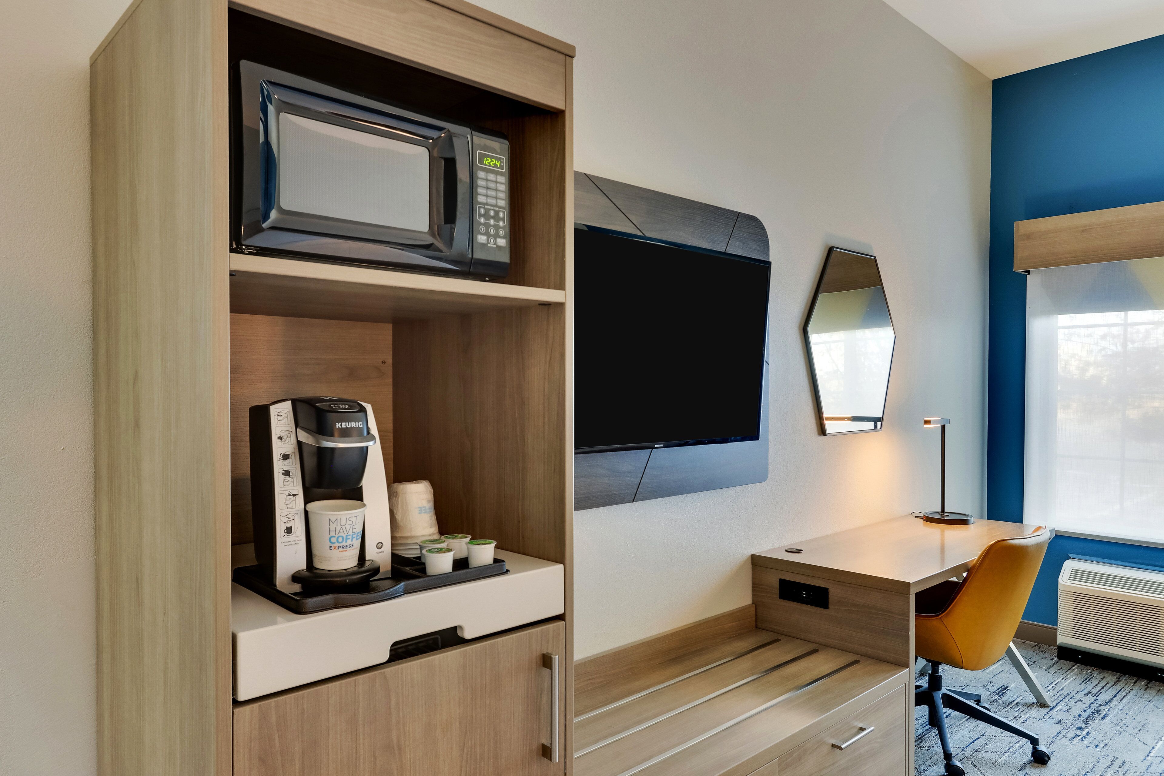 premium bedding, desk, blackout curtains, iron/ironing board