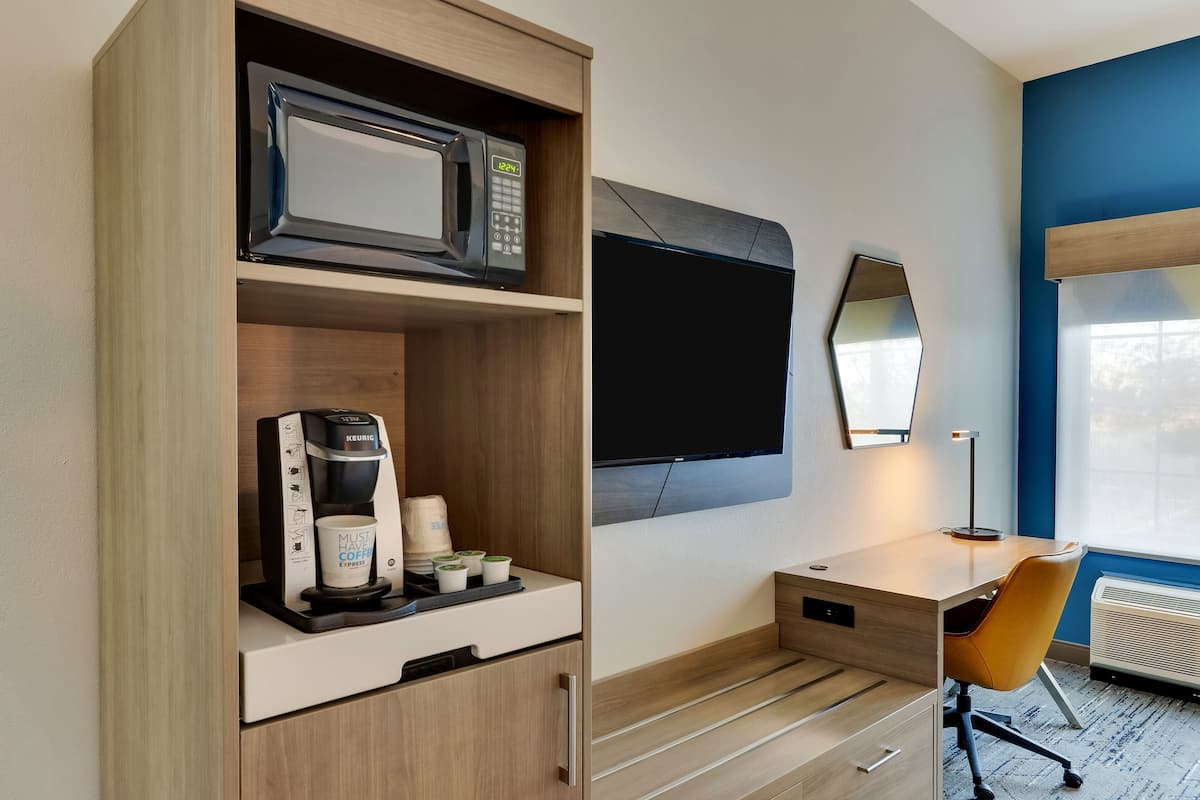 premium bedding, desk, blackout curtains, iron/ironing board