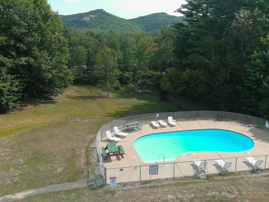 A swimming pool with lounge chairs and a picnic table, surrounded by a fence and trees.