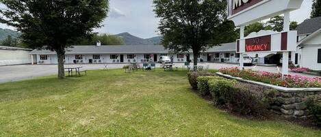 A Colonial Motel with a grassy lawn, a large sign, and a parking lot.
